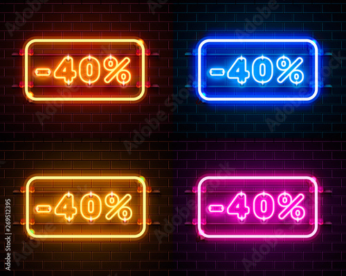 Neon 40 off text banner color set. Night Sign. Vector