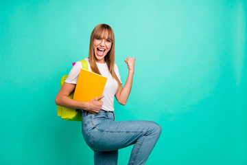 Close up side profile photo beautiful she her lady yelling bast test results arms hands school colored notebooks staff modern backpack wear specs casual white t-shirt isolated teal green background