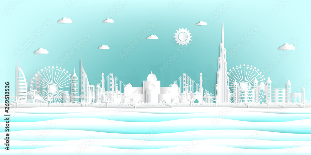 Paper cut style United Arab Emirates and city skyline with world famous landmarks.
