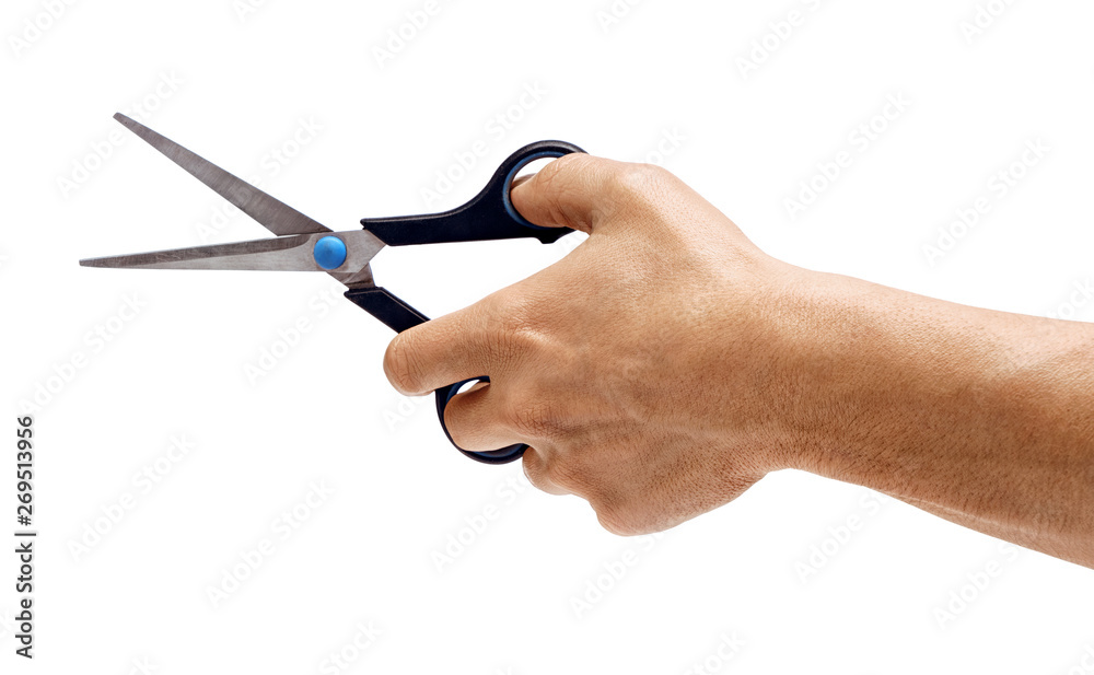 Man's hand holds scissors isolated on white background. Close up. High resolution product