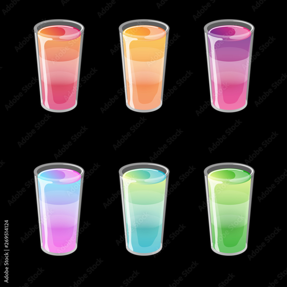 Set of cocktail jelly shots. Bright multicolored gradient jelly in glossy cartoon style. Vector illustration isolated on black background. Set of cocktail jelly shots. Bright multicolored gradient jelly in glossy cartoon style. Vector illustration isolated on black background.