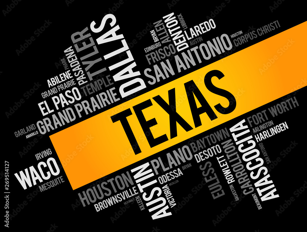 List of cities in Texas USA state word cloud, concept background Stock