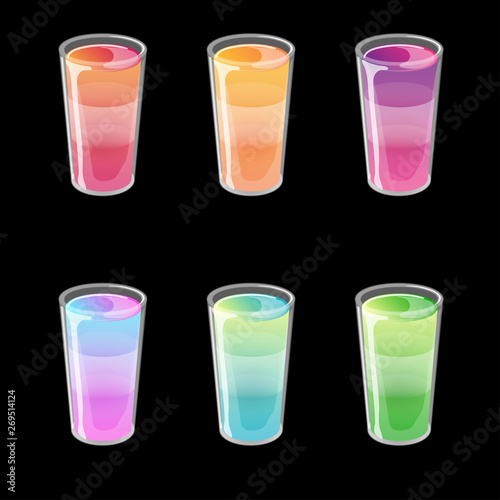 Set of cocktail jelly shots. Bright multicolored gradient jelly in glossy cartoon style. Vector illustration isolated on black background.