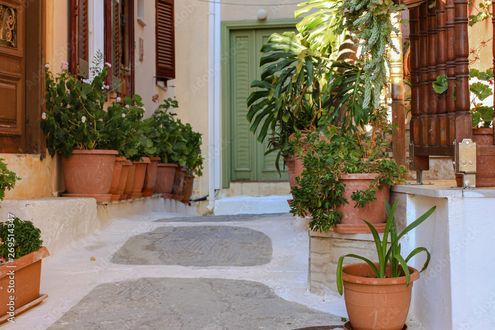 Narrow street with flower pots, Nafplio, Peloponnese, Greece