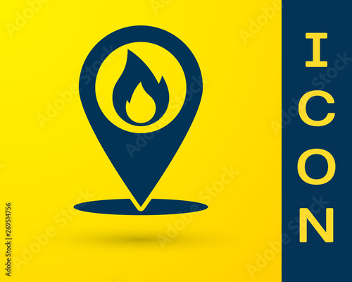 Blue Map pointer with fire flame icon isolated on yellow background. Fire nearby. Vector Illustration