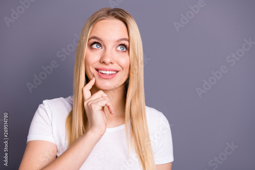 Close up photo of positive cheerful youth youngster youth touch chin hadn thoughts future plan contemplate rest relax free time weekend dressed modern clothes youth isolated grey background