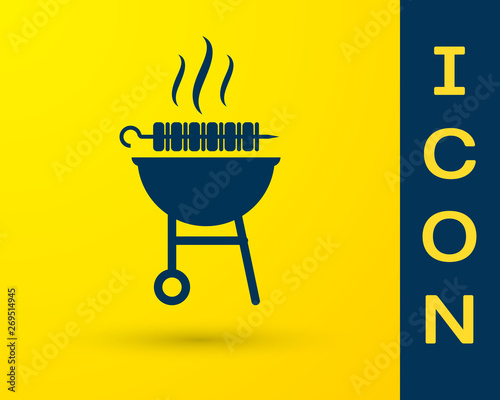 Blue Barbecue grilled shish kebab on skewer stick icon isolated on yellow background. BBQ meat kebab on skewer stick. Picnic with grill meat. Vector Illustration