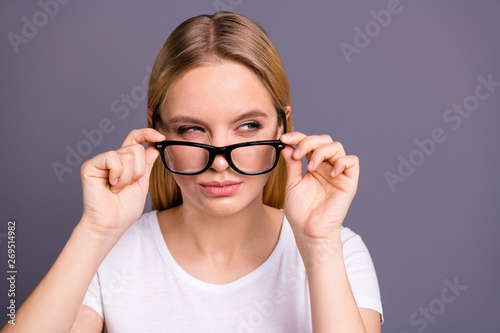Close up photo of serious focused concentrated college university person people touch spec suspicious hear rumor secret dressed youth clothing isolated grey background