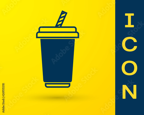 Blue Glass with water icon isolated on yellow background. Soda drink glass with drinking straw. Fresh cold beverage symbol. Vector Illustration