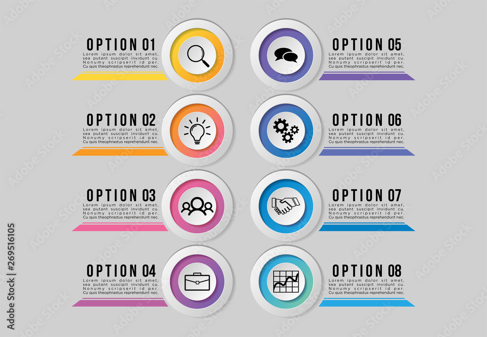 Vector Infographic Design Template with Options Steps and Marketing Icons can be used for info graph, presentations, process, diagrams, annual reports, workflow layout