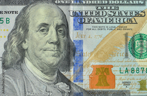 US 100 Dollar banknote. Franklin Roosevelt. Close up photo