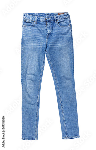 Stylish jeans pants on white background