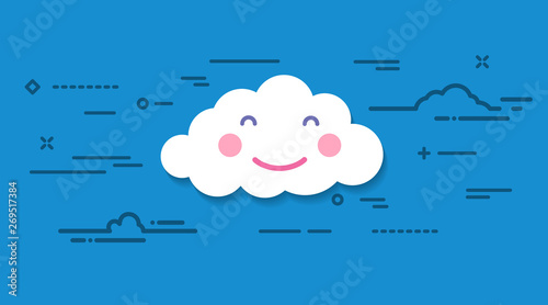 Abstract linear baby shower banner with sun rays and happy smile white paper cloud on blue background
