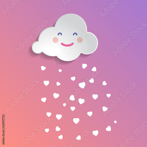Flat art design graphic image of happy cloud with herats (baby shower concept) on pink and violet gradient pastel background