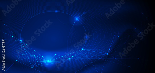 Vector illustration molecule,Connected lines with dots,technology on blue background. Abstract internet network connection design for web site.Digital data,communication,science and futuristic concept