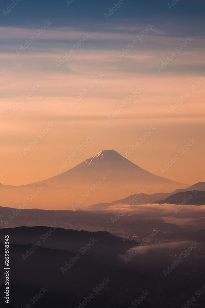 Mountain Fuji with morning mist in spring season Mountain Fuji with morning mist in spring season