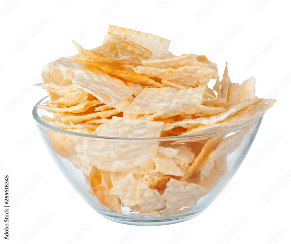 Potato chips on bowl isolated on white background Potato chips on bowl isolated on white background