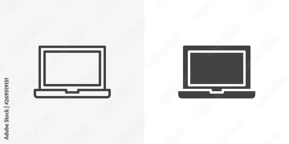 Open laptop screen icon. line and glyph version, Notebook computer outline and filled vector sign. linear and full pictogram. Symbol, logo illustration. Different style icons set
