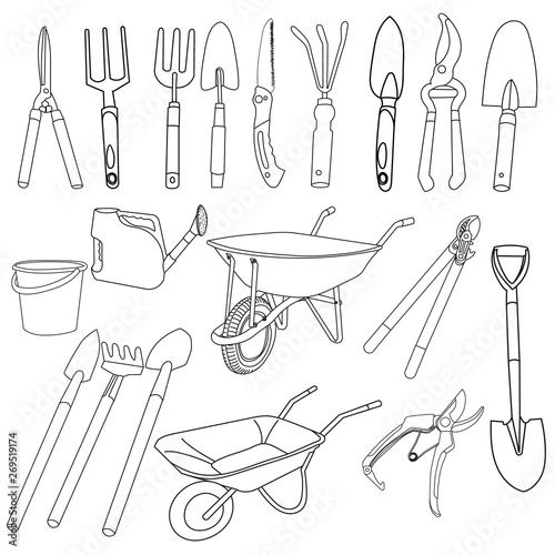 vector, isolated, set of sketches of garden tools, collection