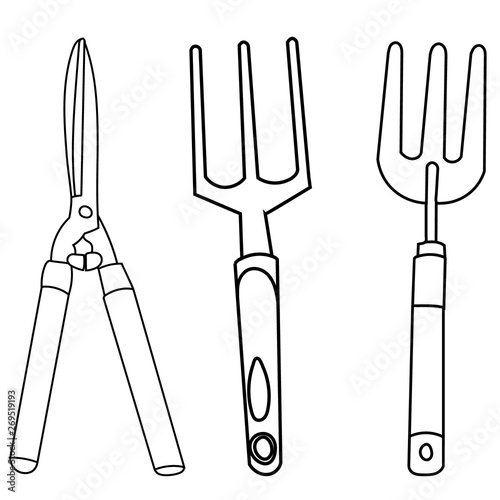 isolated, set of sketches of garden tools, collection