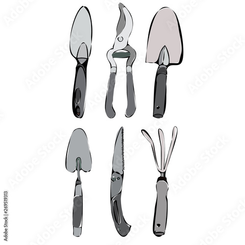 vector, isolated, set of gray garden tools