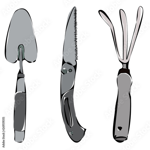 vector, isolated, set of gray garden tools