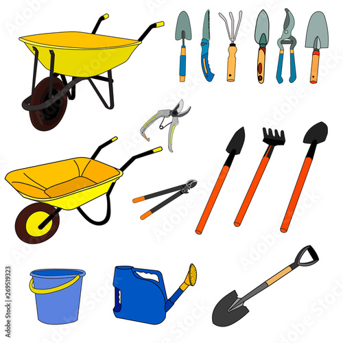 vector, isolated, set of gardening tools, collection