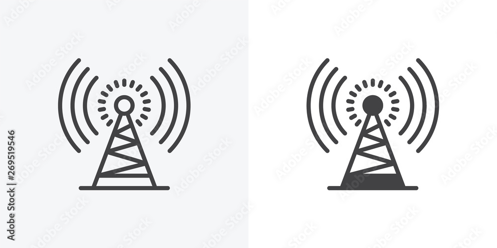Antenna tower icon. line and glyph version, wi-fi signal zone outline and filled vector sign. Communication Tower linear and full pictogram. Symbol, logo illustration. Different style icons set Antenna tower icon. line and glyph version, wi-fi signal zone outline and filled vector sign. Communication Tower linear and full pictogram. Symbol, logo illustration. Different style icons set