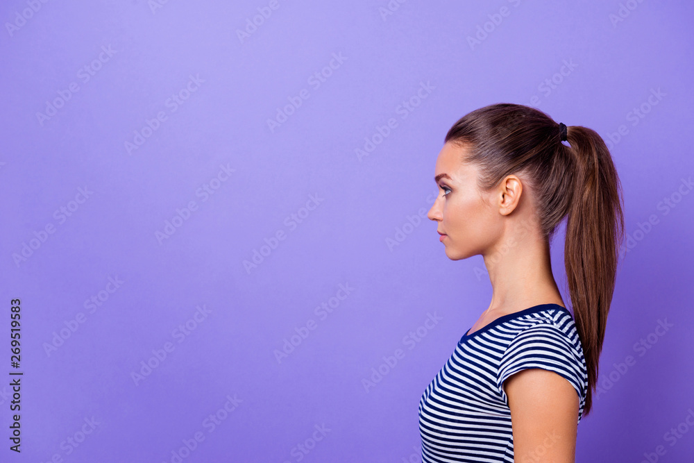 Profile side view photo charming nice pretty lady have thoughts intelligent genius future entrepreneur ready solve decide choose ponytail fashionable spring youth outfit isolated violet background Profile side view photo charming nice pretty lady have thoughts intelligent genius future entrepreneur ready solve decide choose ponytail fashionable spring youth outfit isolated violet background
