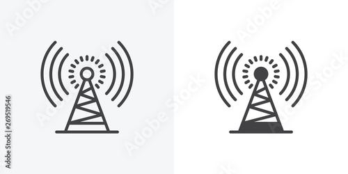 Antenna tower icon. line and glyph version, wi-fi signal zone outline and filled vector sign. Communication Tower linear and full pictogram. Symbol, logo illustration. Different style icons set