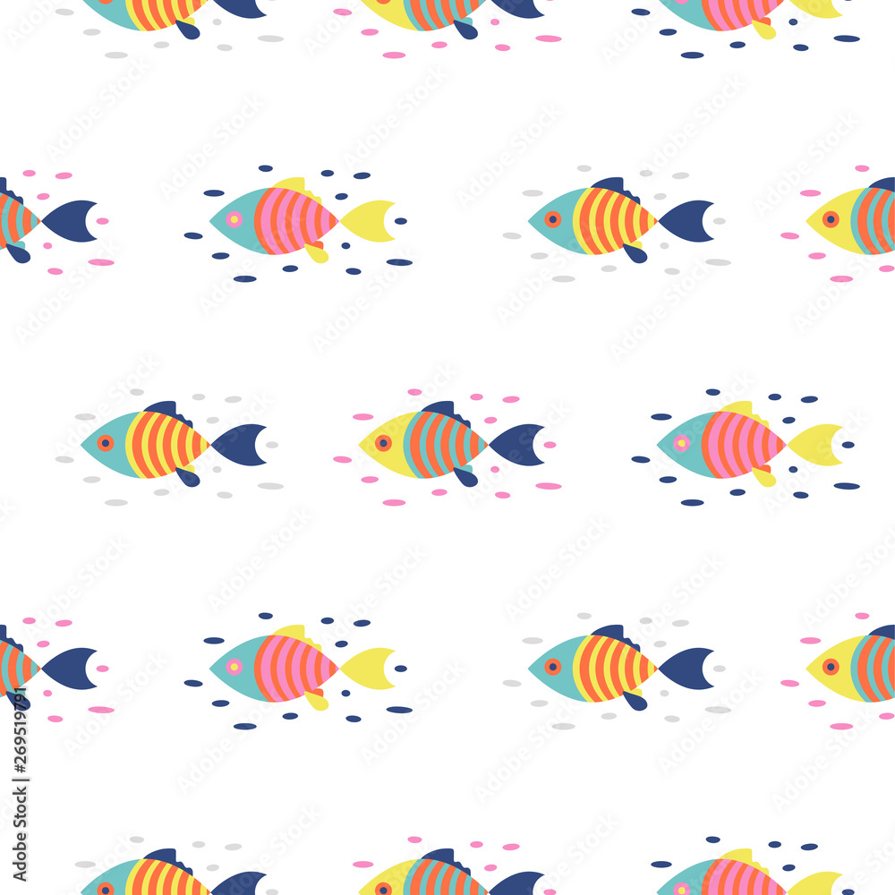 Colorful fish seamless vector pattern. Cartoon style fish background.