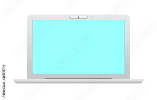 Minimalistic laptop with blue screen on white background