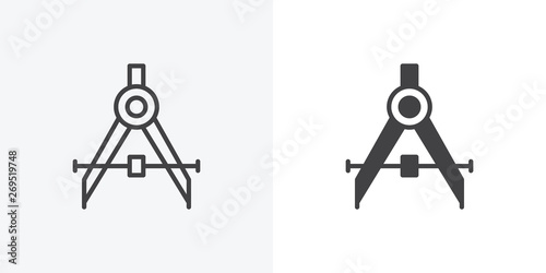 Drafting compass icon. line and glyph version, Divider outline and filled vector sign. linear and full pictogram. Symbol, logo illustration. Different style icons set