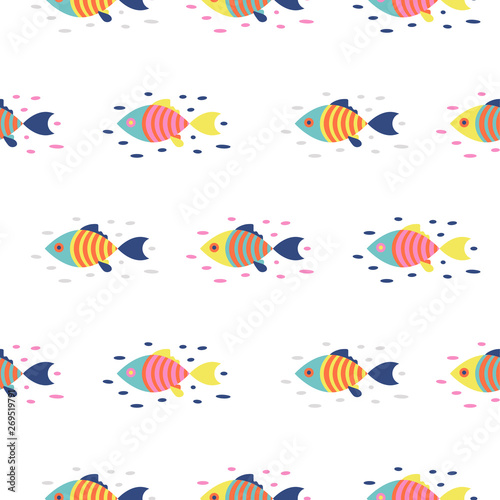 Colorful fish seamless vector pattern. Cartoon style fish background. © YoPixArt