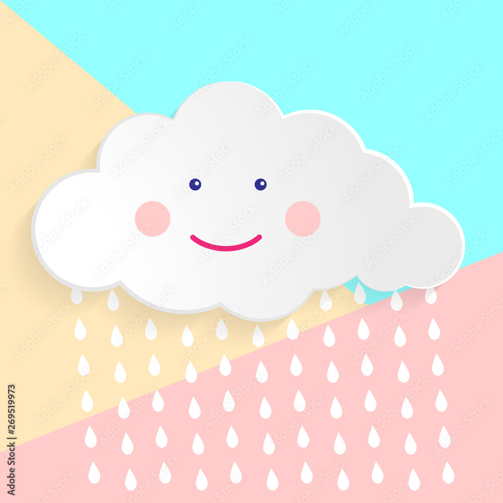 Flat art design graphic image of happy cloud with rain drops (baby shower concept) on pink and blue pastel background Flat art design graphic image of happy cloud with rain drops (baby shower concept) on pink and blue pastel background