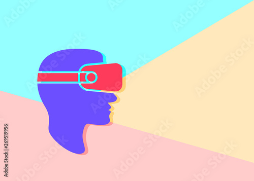 flat lay modern minimal man head in virtual reality glasses icon with shadow on pastel colored blue and pink background