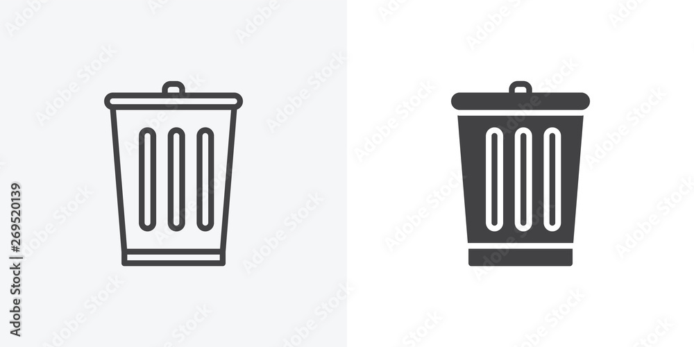 Trash bin icon. line and glyph version, Trash can outline and filled vector sign. linear and full pictogram. Delete symbol, logo illustration. Different style icons set