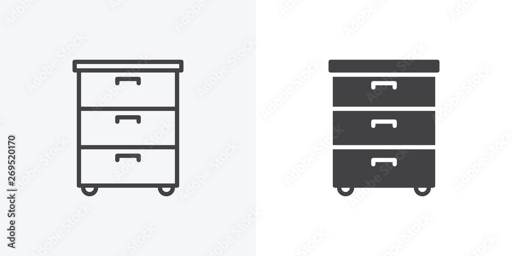 Office documents cabinet icon. line and glyph version, cupboard with three drawers outline and filled vector sign. linear and full pictogram. Symbol, logo illustration. Different style icons set Office documents cabinet icon. line and glyph version, cupboard with three drawers outline and filled vector sign. linear and full pictogram. Symbol, logo illustration. Different style icons set