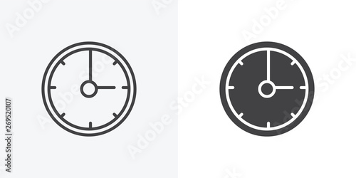 Circle clock icon. line and glyph version, outline and filled vector sign. Office wall clock linear and full pictogram. Time symbol, logo illustration. Different style icons set