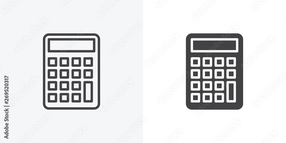 Calculator, math icon. line and glyph version, Calculator buttons outline and filled vector sign. linear and full pictogram. Accounting symbol, logo illustration. Different style icons set Calculator, math icon. line and glyph version, Calculator buttons outline and filled vector sign. linear and full pictogram. Accounting symbol, logo illustration. Different style icons set