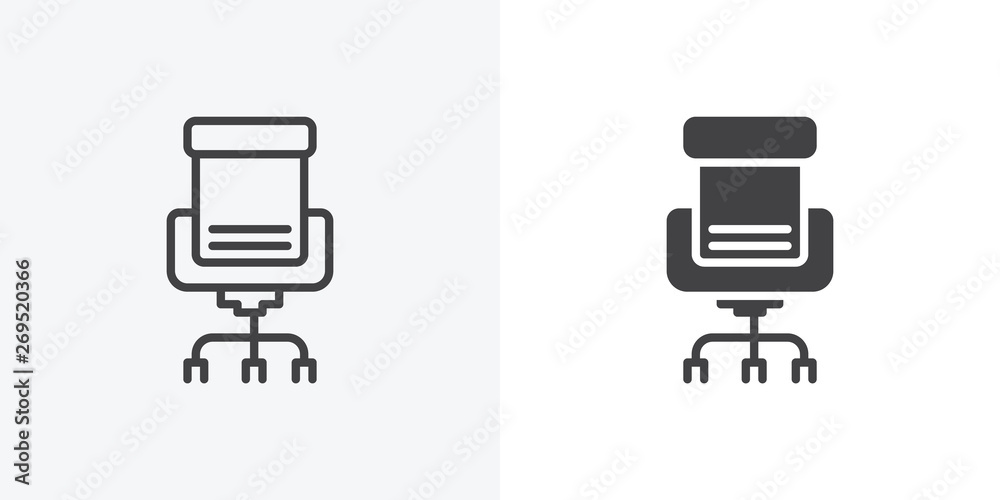 Office Chair icon. line and glyph version, Comfortable seat outline and filled vector sign. linear and full pictogram. Symbol, logo illustration. Different style icons set Office Chair icon. line and glyph version, Comfortable seat outline and filled vector sign. linear and full pictogram. Symbol, logo illustration. Different style icons set