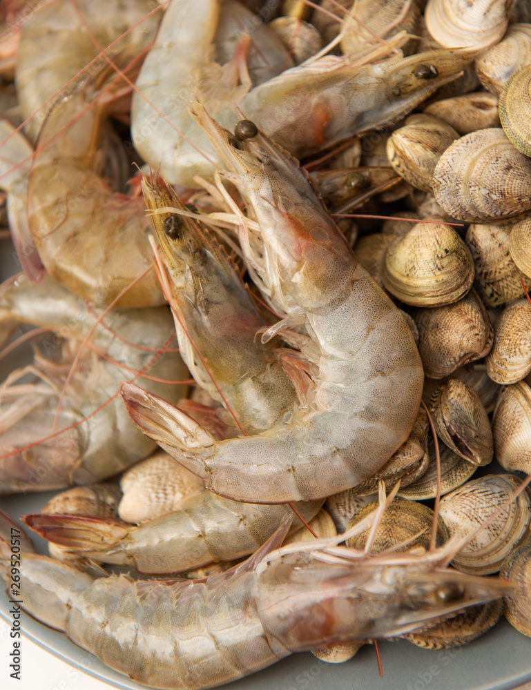Raw fresh shrimp and seashells close up Raw fresh shrimp and seashells close up