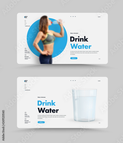 Template of white vector web page for sports and healthy eating on the theme of drinking water nomes.