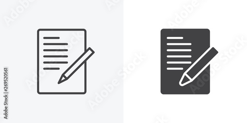Document with pen, form icon. line and glyph version, Sheet of paper and pencil outline and filled vector sign. linear and full pictogram. Symbol, logo illustration. Different style icons set