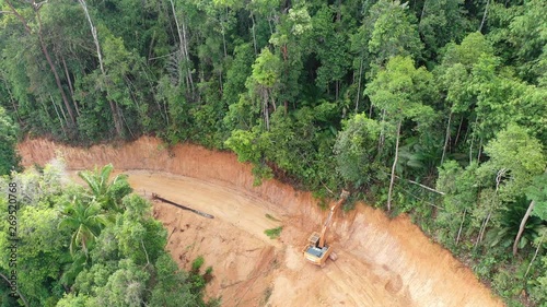 Logging. Aerial drone view of deforestation environmental problem.