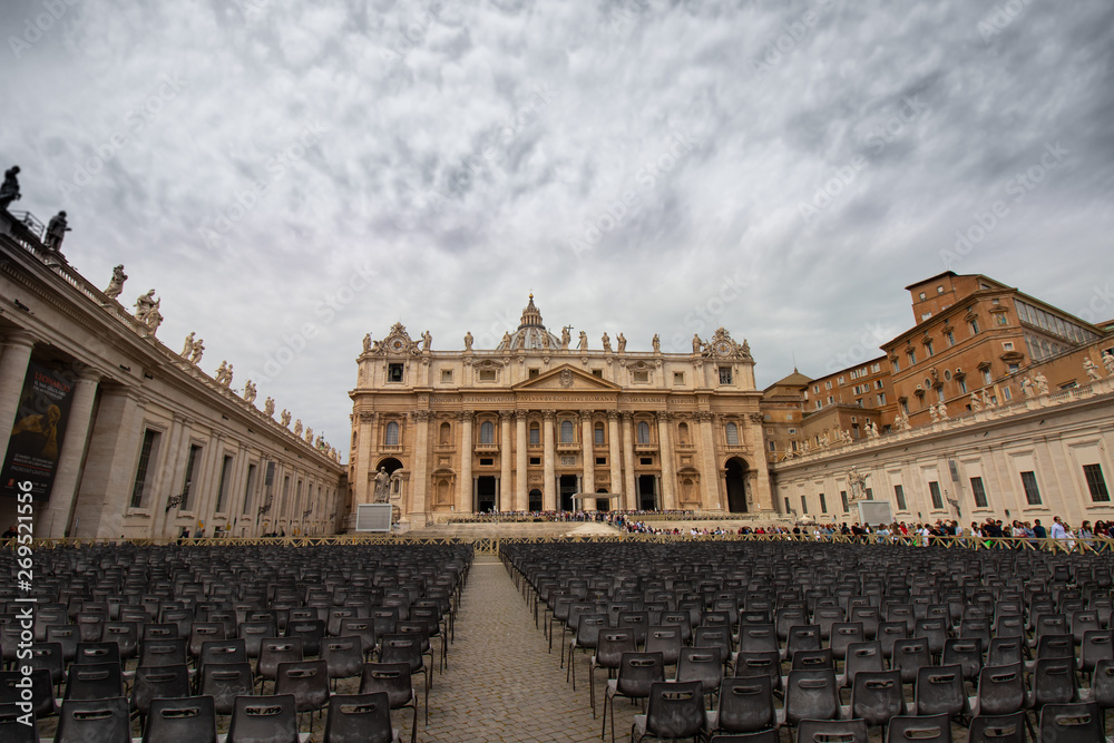 St. Peter's Basilica with chairs in the foreground in the Vatican