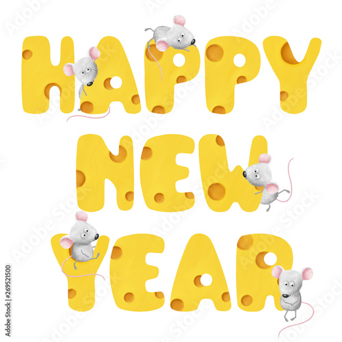 Bright cheese Happy New Year lettering with cute tiny mouses. Bold colored tasty gratulations white isolated photo
