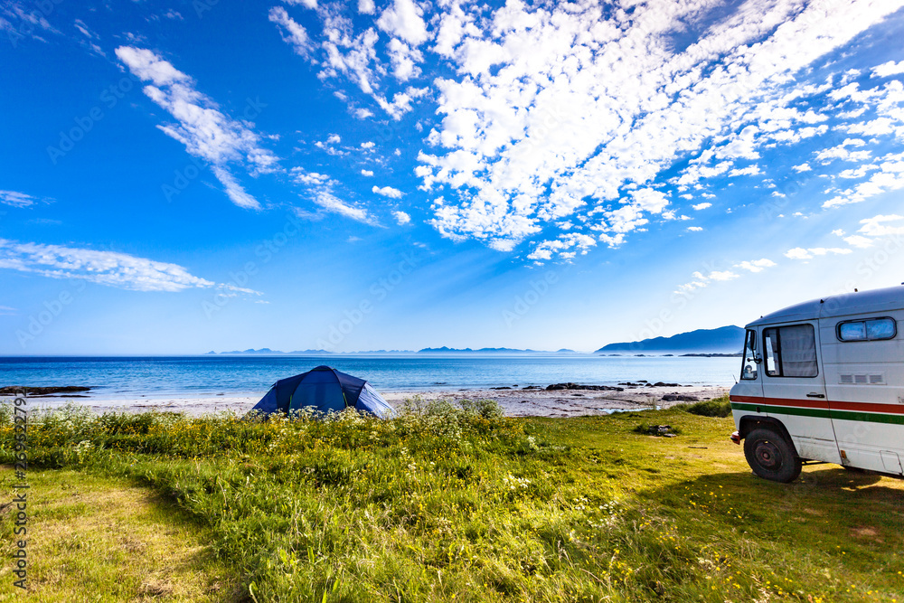 Camper van and tent on beach, Lofoten Norway