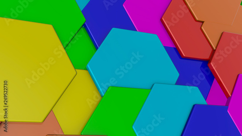 background from multicolored three-dimensional hexagons. Abstract rainbow illustration. 3d render