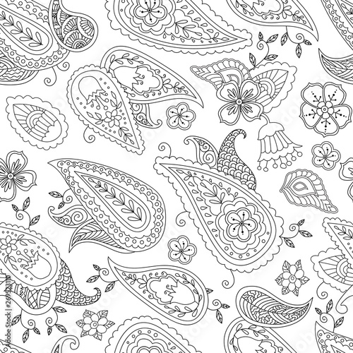 Abstract hand drawn outline doodle ornament seamless pattern with flowers and paisley . Coloring book for adult and older children.